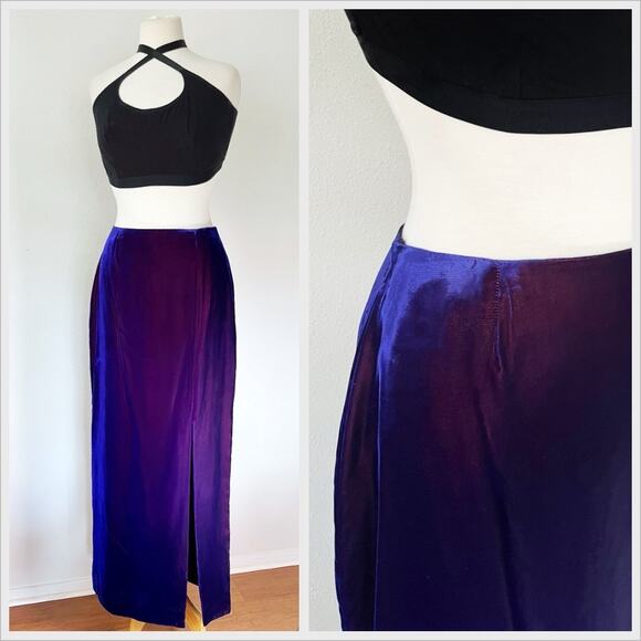 Vintage 90s / Y2K Purple Blue Velvet Maxi Skirt // Size Small 8 - Picture 1 of 7